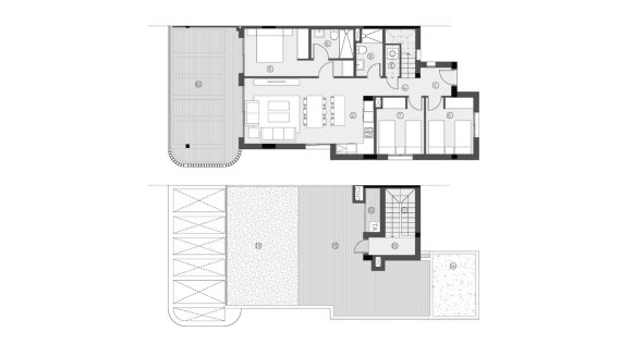 Apartment floor plan, 3 bedrooms in Sunset Village No. 7 (2D)